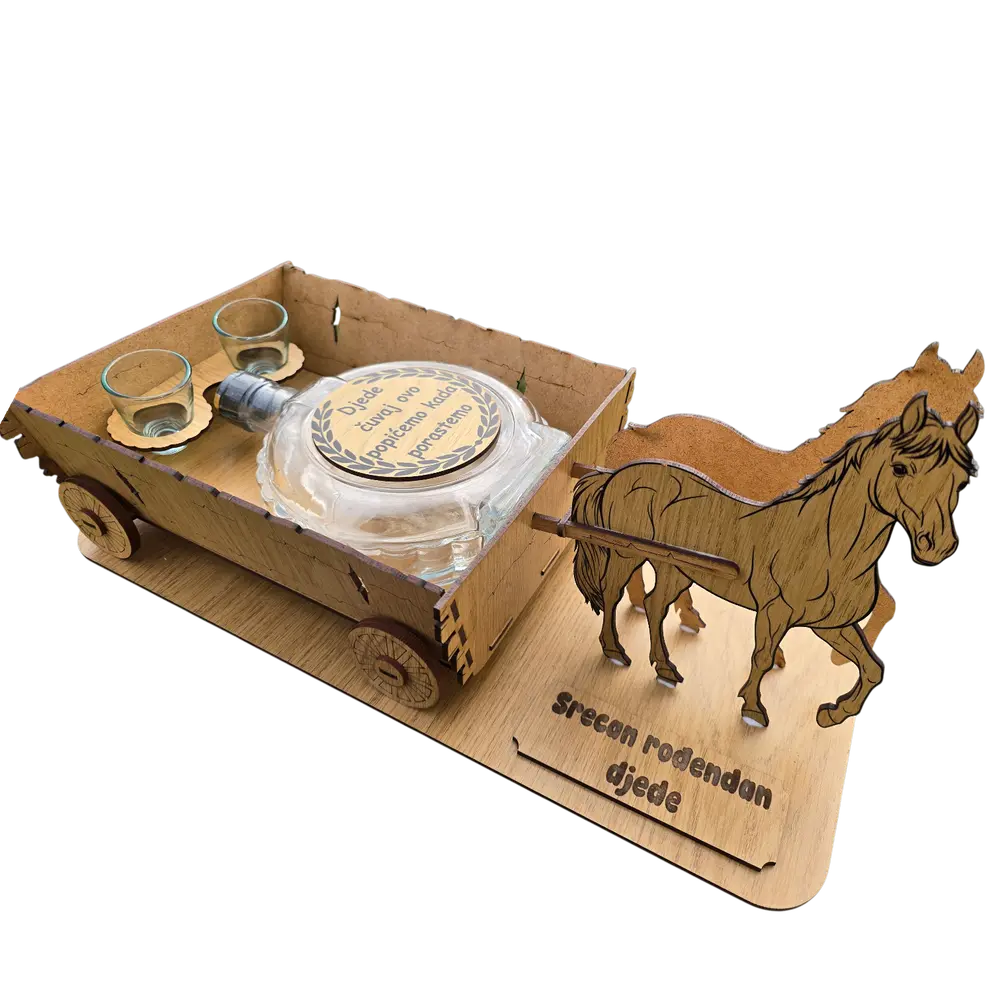 Drvena Kočija sa Flašom i Čašicama – Poklon Set - slika 2