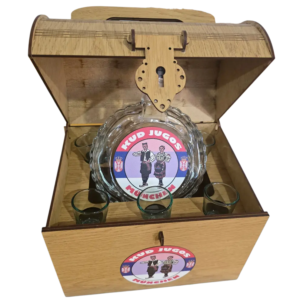 Drveni "Koferče" Set – Flaša i 6 Čašica