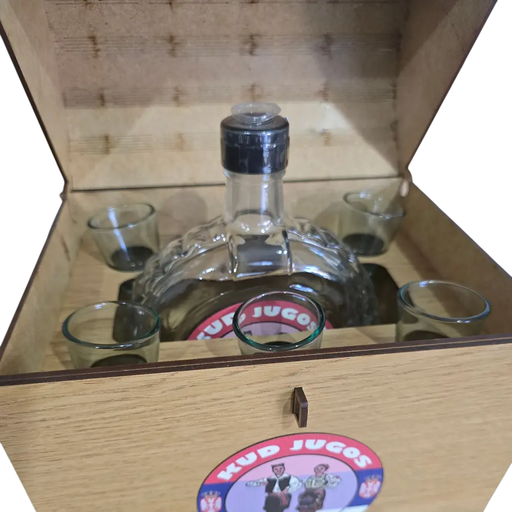 Drveni "Koferče" Set – Flaša i 6 Čašica - slika 2